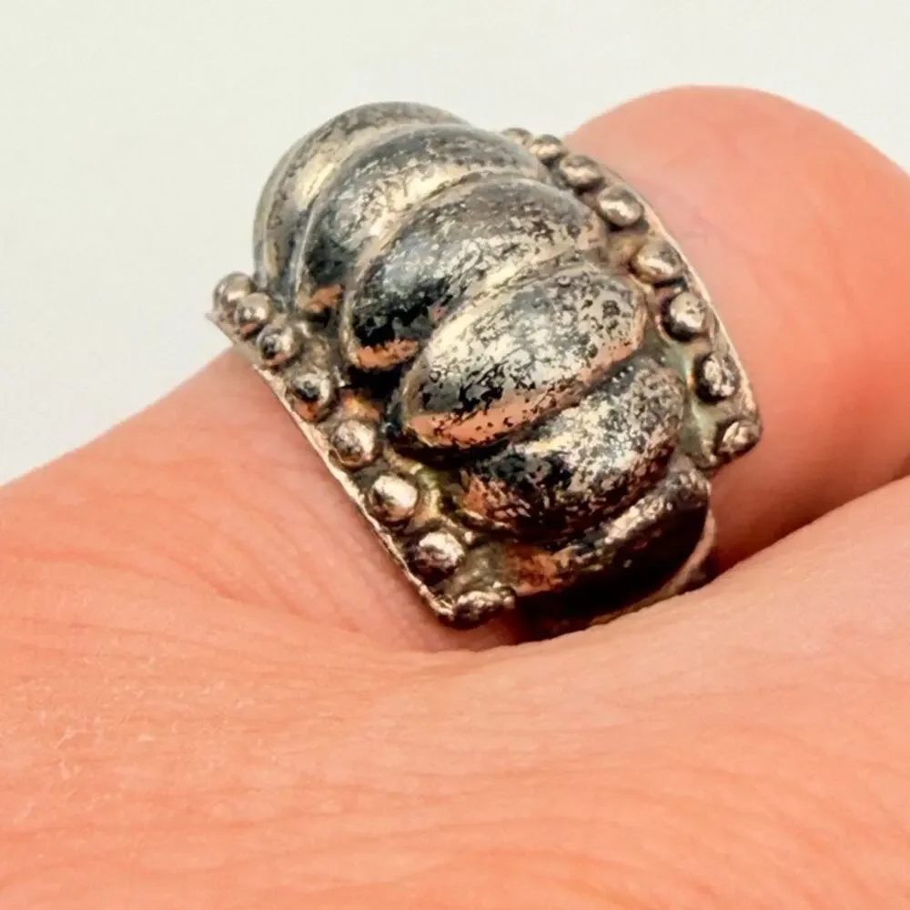 Vintage Sterling Silver Ring Size 6 Women's Domed Scalloped Beaded Artisan Boho